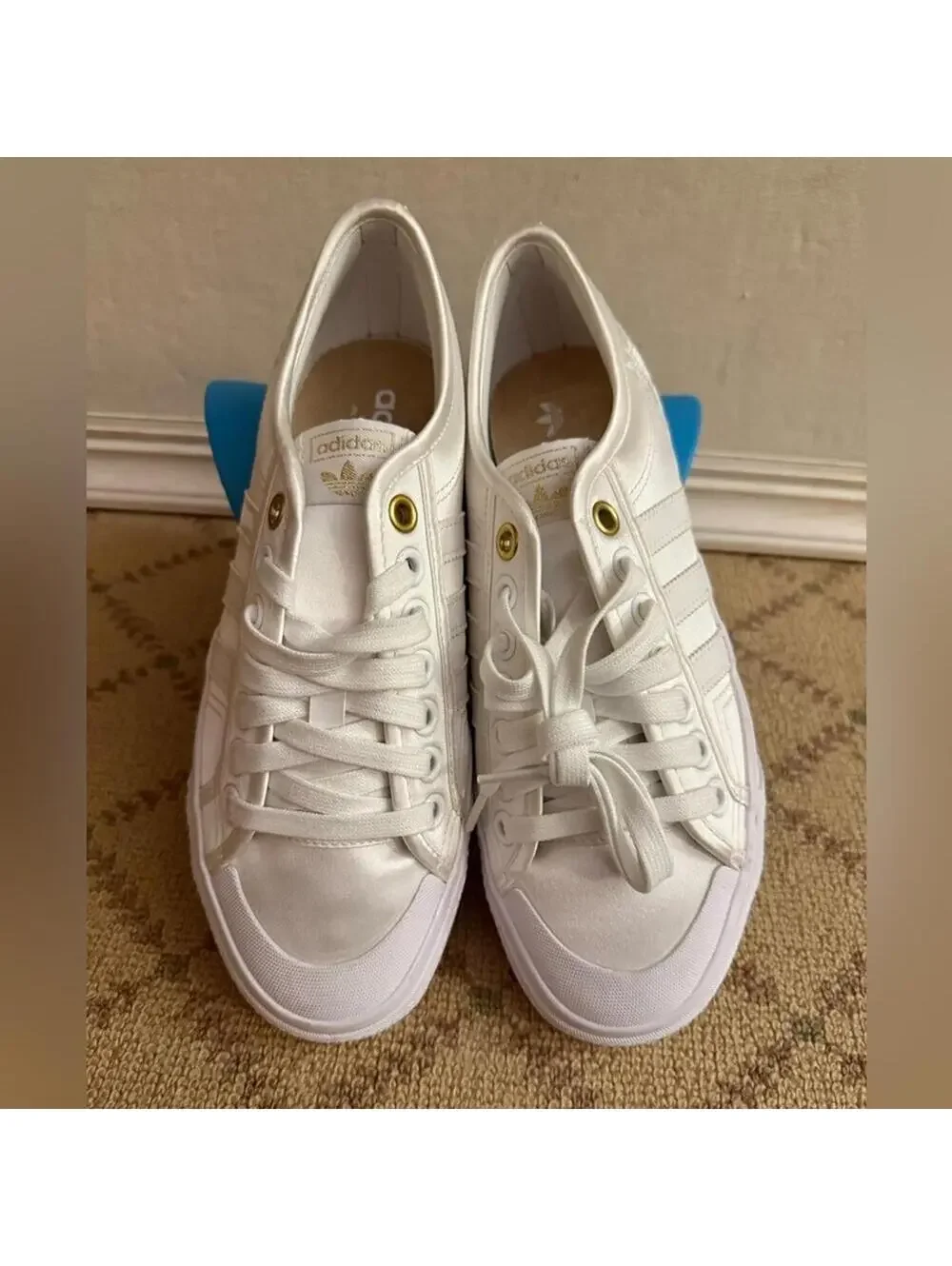 Adidas Vintage White satin sneakers, patent stripes and embroidery NWOT US 8.5